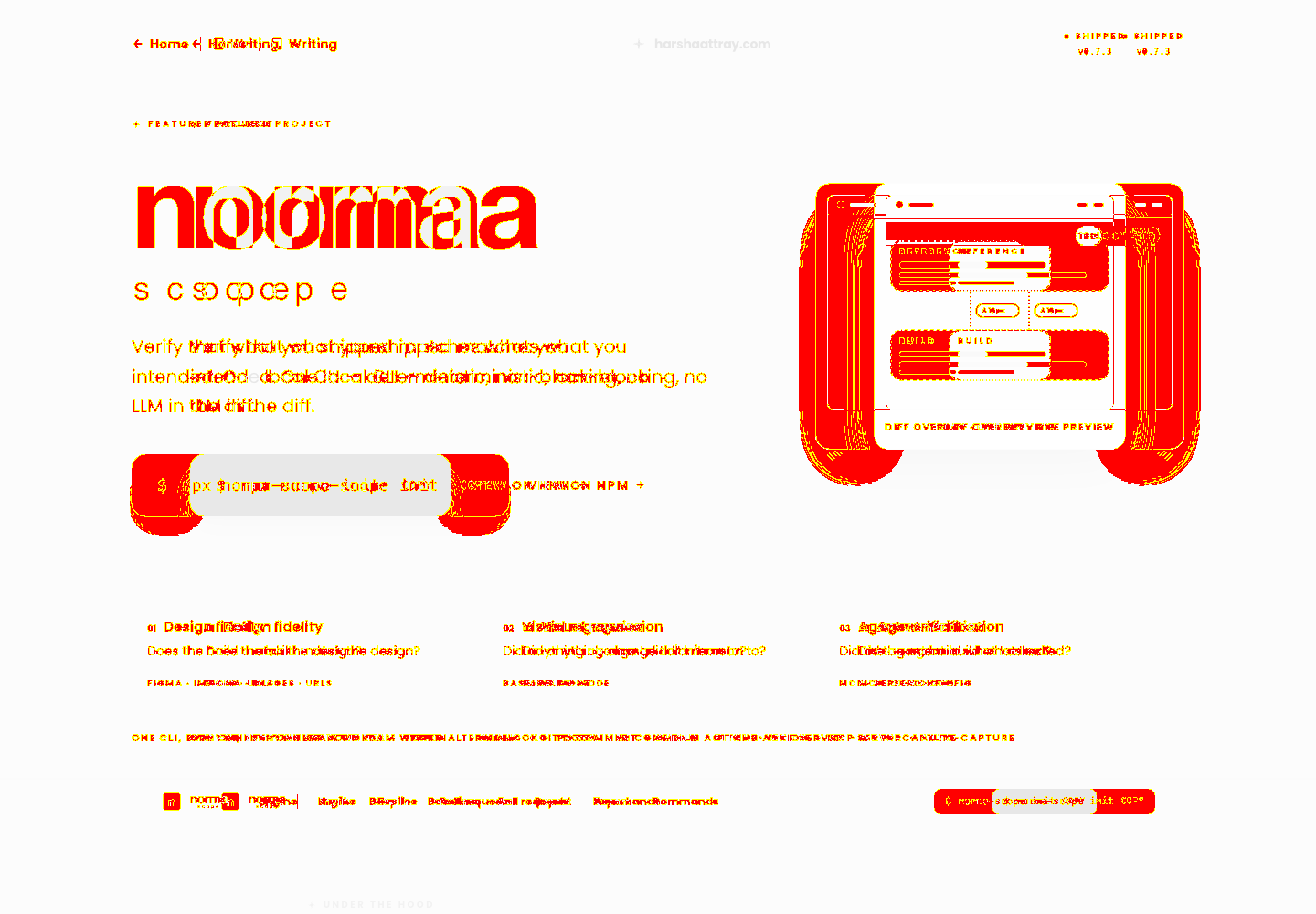 A difference overlay showing small red boxes scattered over a ghosted page — the signature of a geometric change.